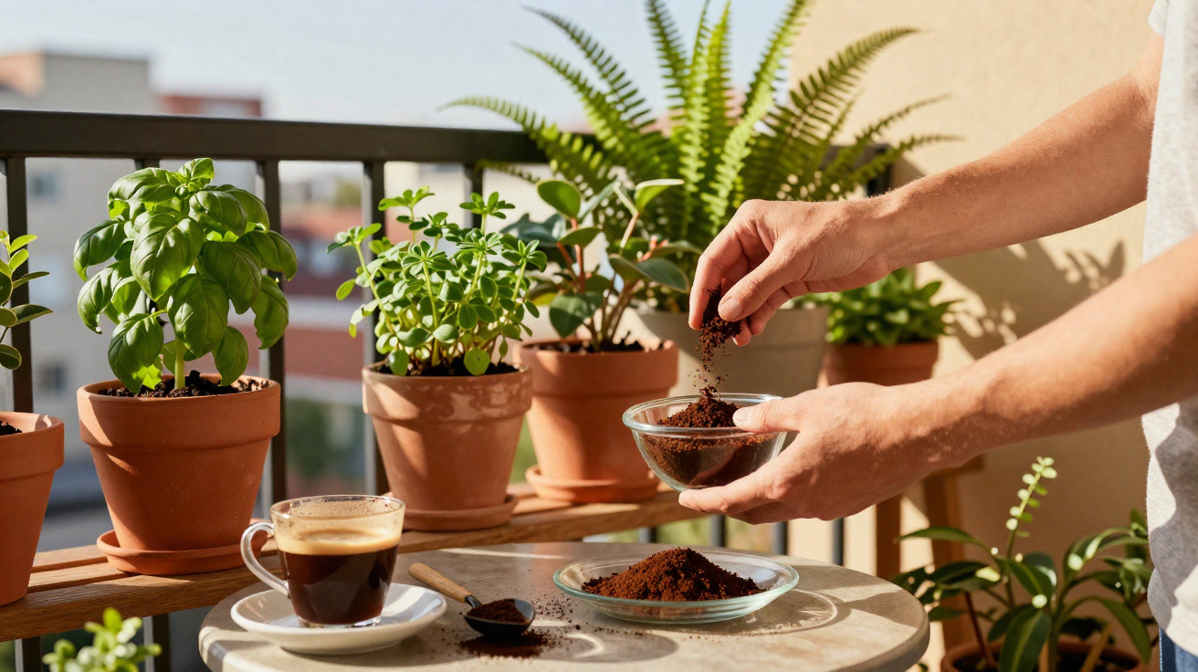Person sprinkling coffee grounds from a bowl on a sunny balcony with potted plants and a cup of coffee nearby.