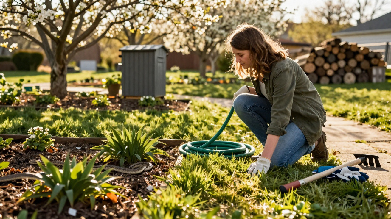 Woman kneeling in garden tending plants with hose and gardening tools in sunlight.