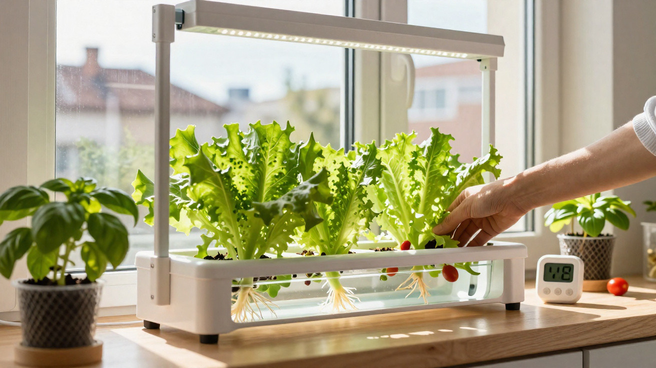 Hand tending leafy green hydroponic plants growing under a LED light on a sunny windowsill.