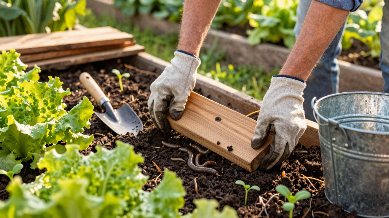 Gardener wearing gloves lifting wooden board in vegetable patch with earthworms and green plants nearby.