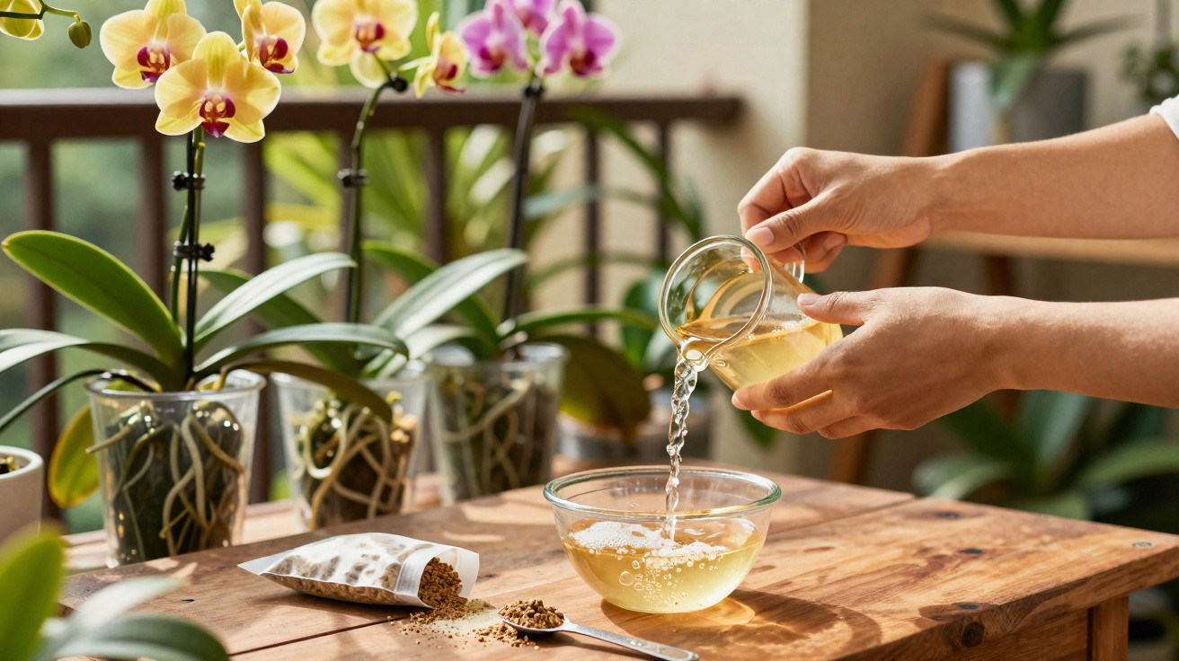 Hands pouring liquid from a glass jug into a bowl on a wooden table with orchids in pots in the background.