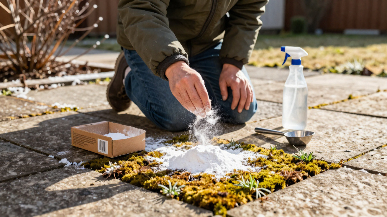 Person sprinkling white powder on moss between paving stones in a garden with spray bottle nearby.