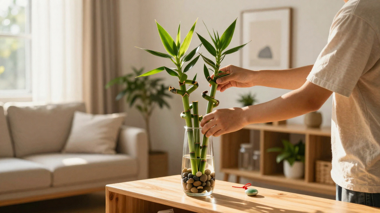 Person arranging lucky bamboo plant in a glass vase with pebbles on a wooden table in a living room.