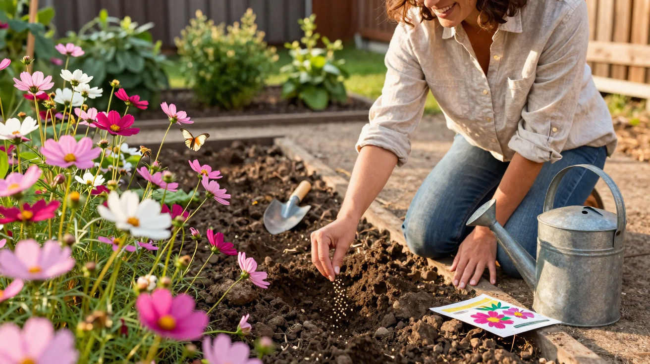 Woman planting seeds in garden bed next to blooming pink and white flowers, with watering can and seed packet nearby.