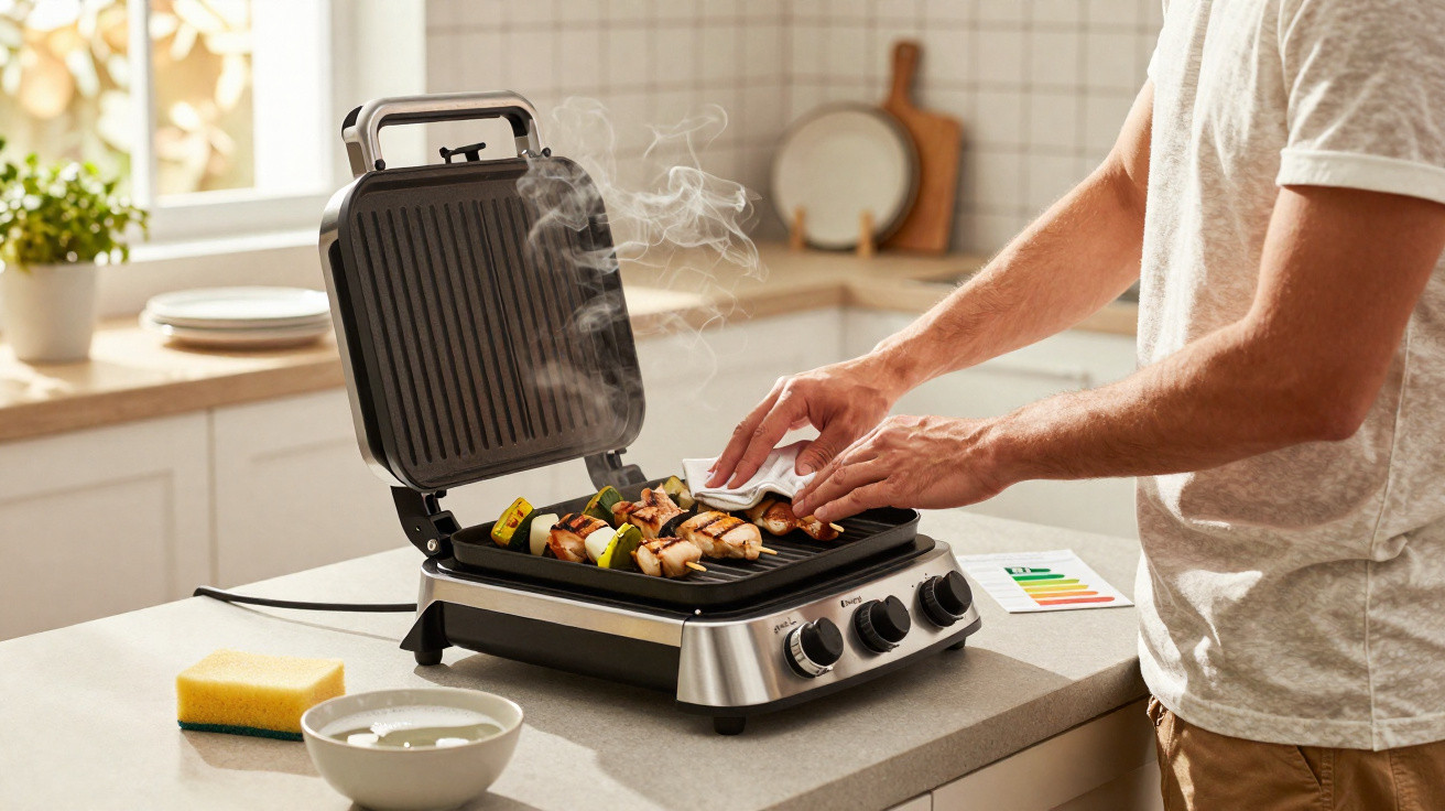 Person grilling vegetable and meat skewers on a countertop electric grill in a bright kitchen.
