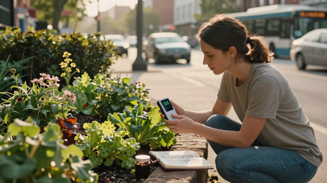 Woman measuring air quality near plants on a city street with a notebook open beside her.