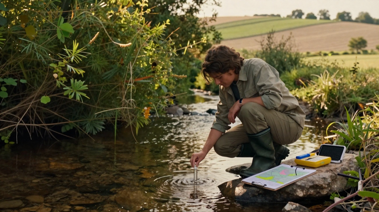 Person in outdoor gear testing water in a stream with scientific equipment on a rock nearby.