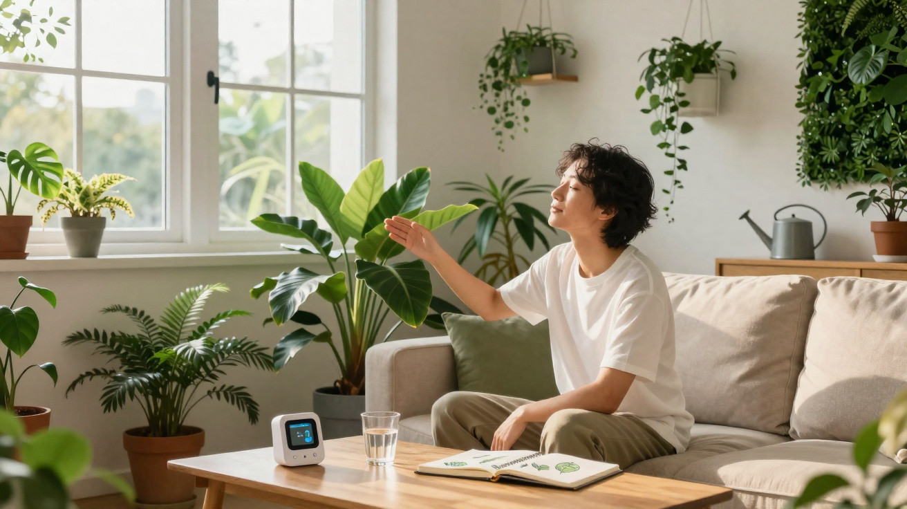 Person sitting on a sofa in a bright room surrounded by green plants, reaching out towards sunlight from a window.
