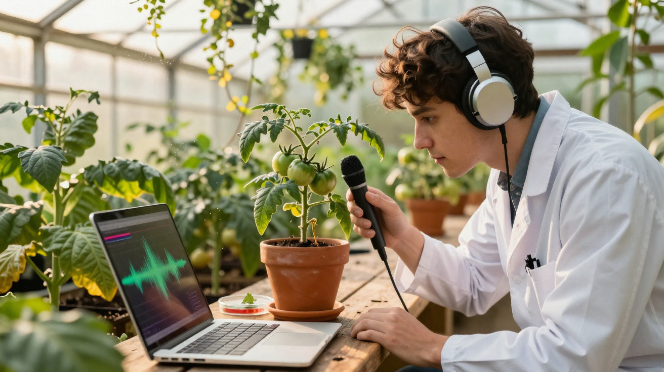 Scientist in lab coat using headphones and microphone to record sounds from a tomato plant in a greenhouse.