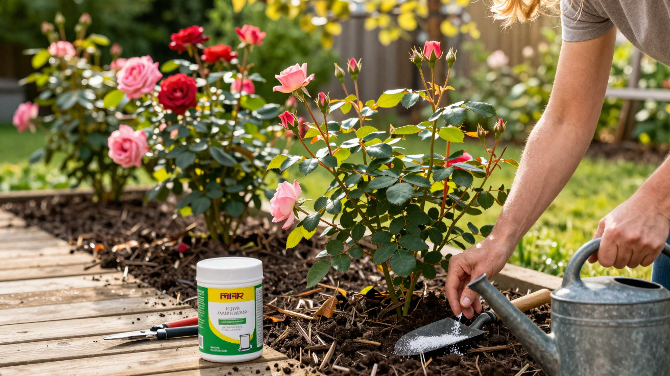 Person spreading fertiliser around pink and red rose bushes in a garden bed next to a wooden path.