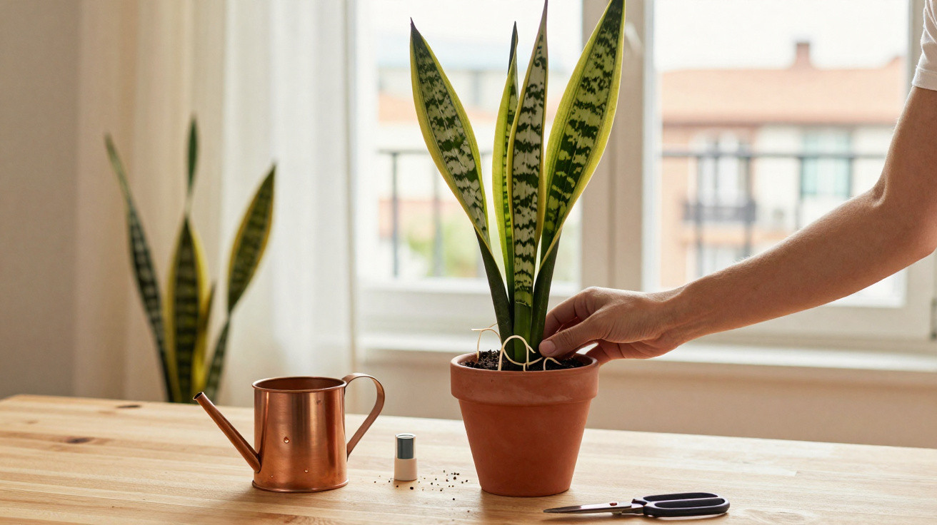 Hand tending to a snake plant in a terracotta pot on a wooden table with watering can, nail polish, and scissors.