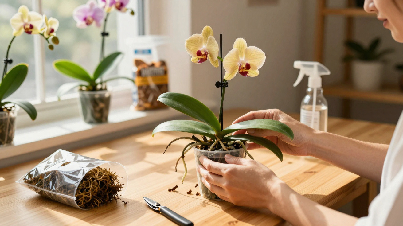 Person repotting a yellow orchid on a wooden table with gardening supplies and orchids on a windowsill.
