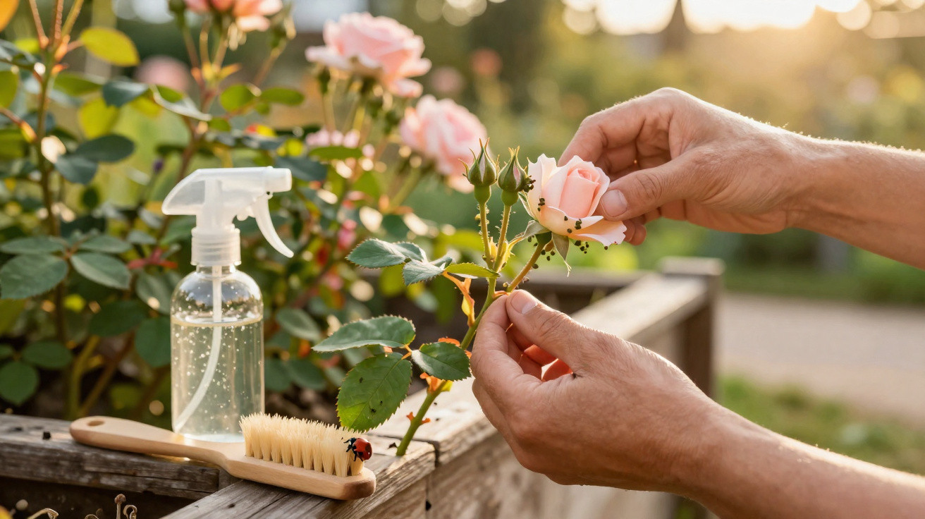 Hands inspecting a pink rose with aphids on a plant next to a spray bottle and brush in a garden.