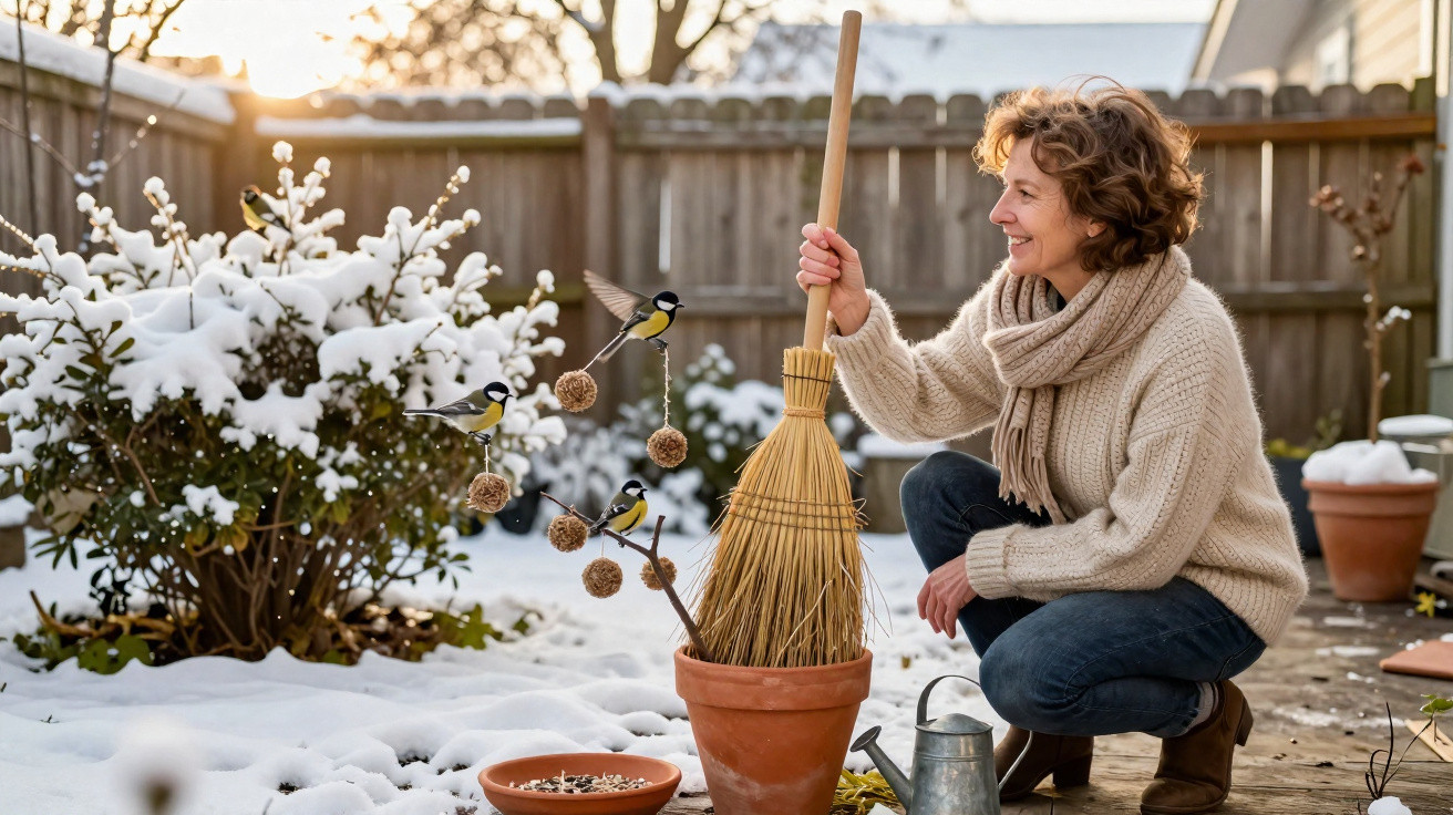 Woman in winter clothes feeding birds in snowy garden holding a broom beside potted plants.