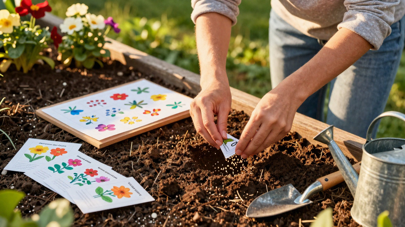 Person sowing flower seeds in a garden bed with seed packets, watering can, and trowel nearby in sunlight.