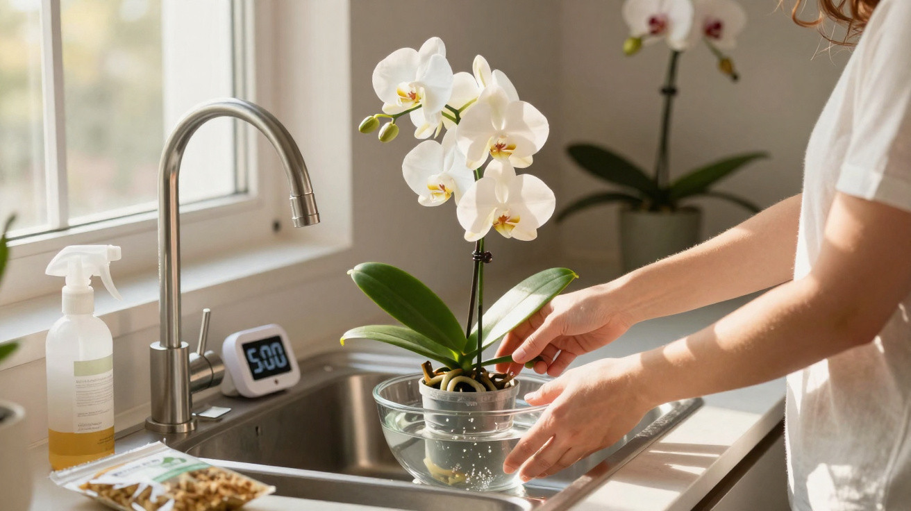 Person placing a white orchid plant in water inside a kitchen sink by a window with sunlight.