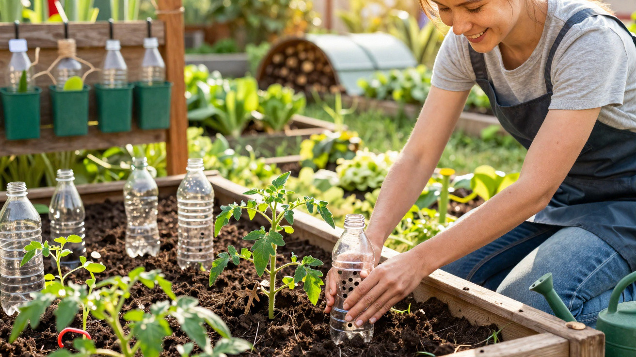Woman planting seedlings in raised garden bed using repurposed plastic bottles as plant protectors.