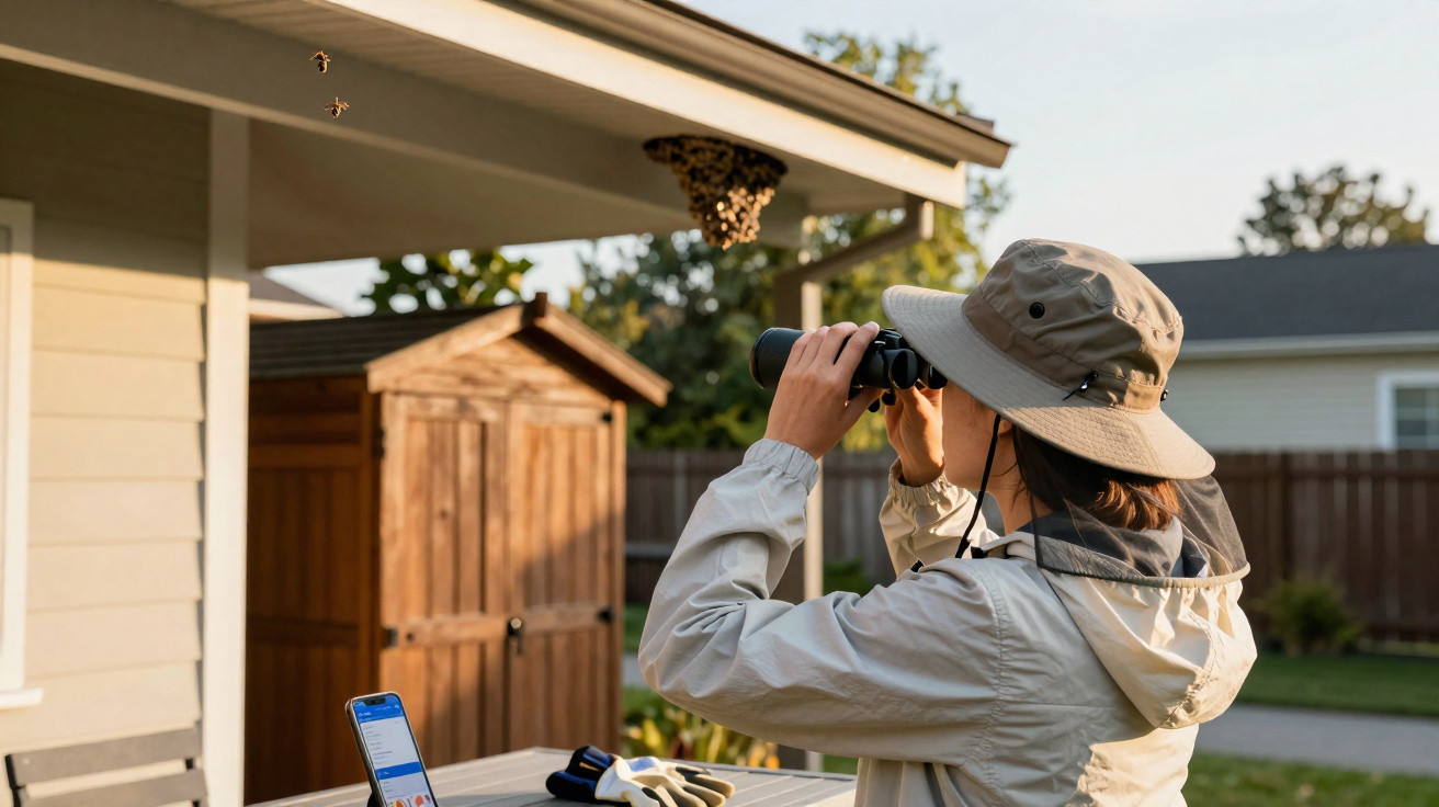 Person wearing a hat uses binoculars to observe a bee swarm on a house corner in a backyard.