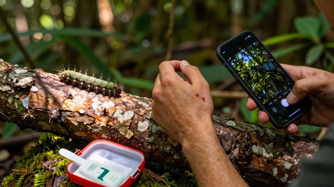 Person photographing a large green caterpillar on a mossy tree branch in a forest setting.