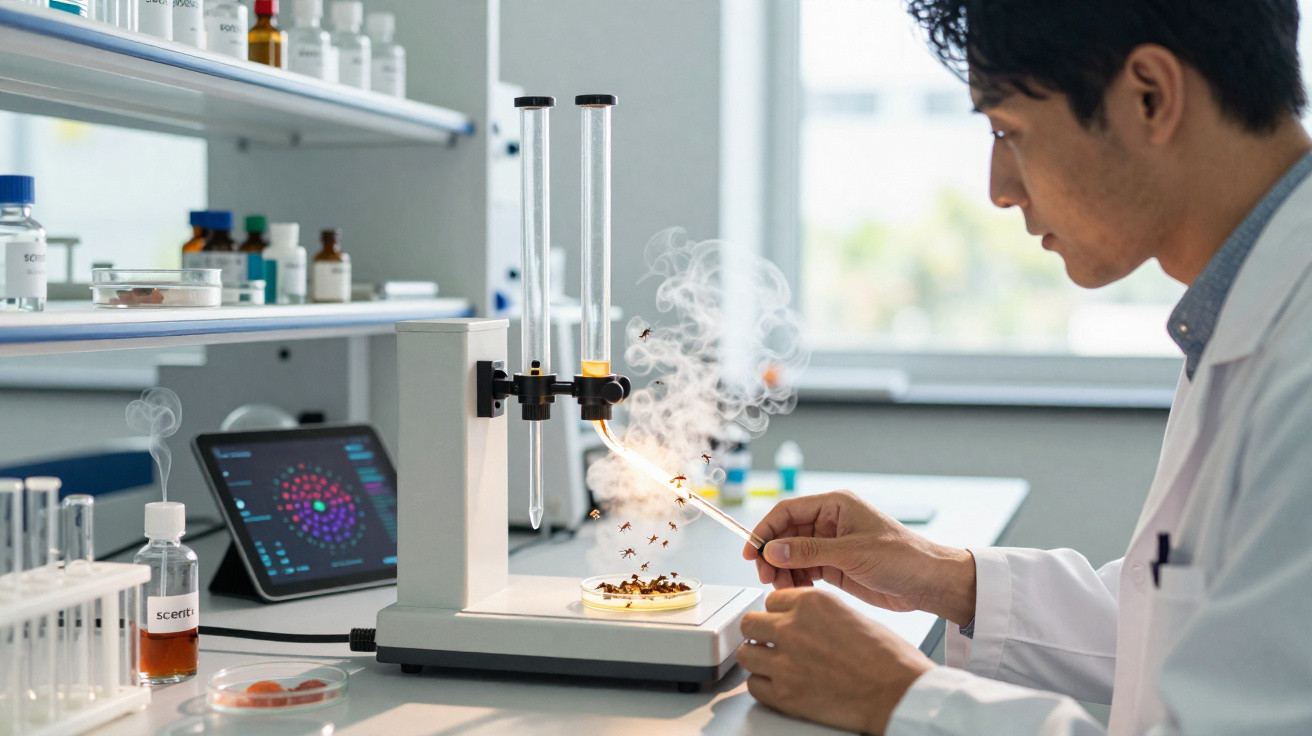 Scientist in lab coat testing aroma by burning spices on a petri dish with lab equipment and tablet nearby.