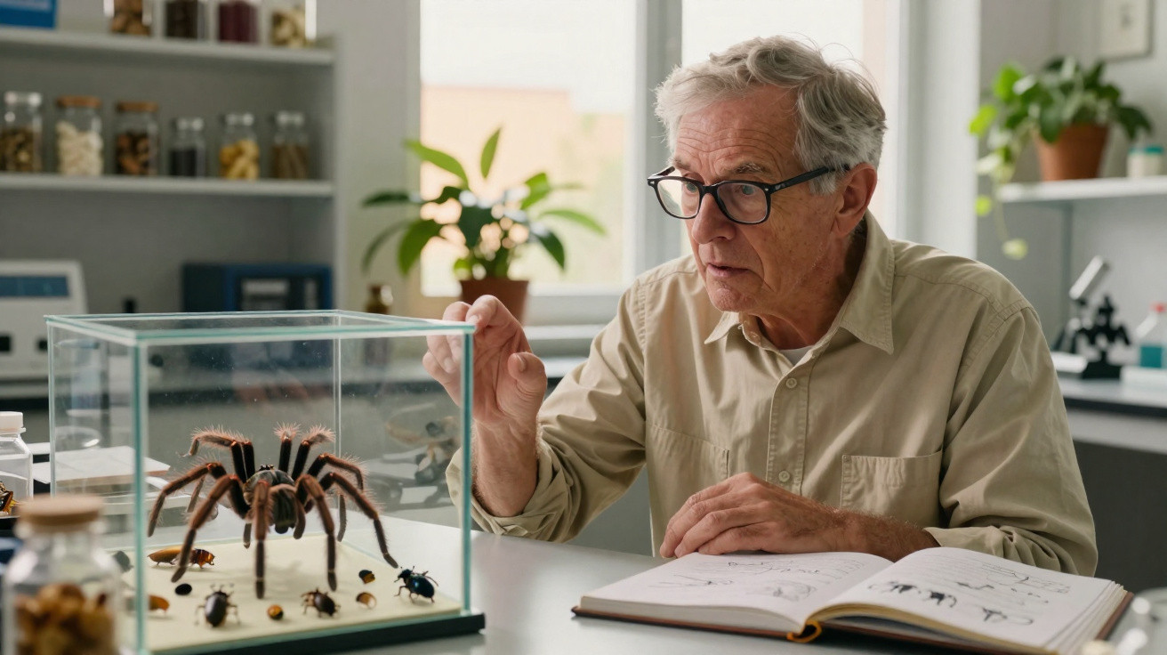 Elderly man studying a large tarantula and beetles in a glass case with an open insect book on the table.