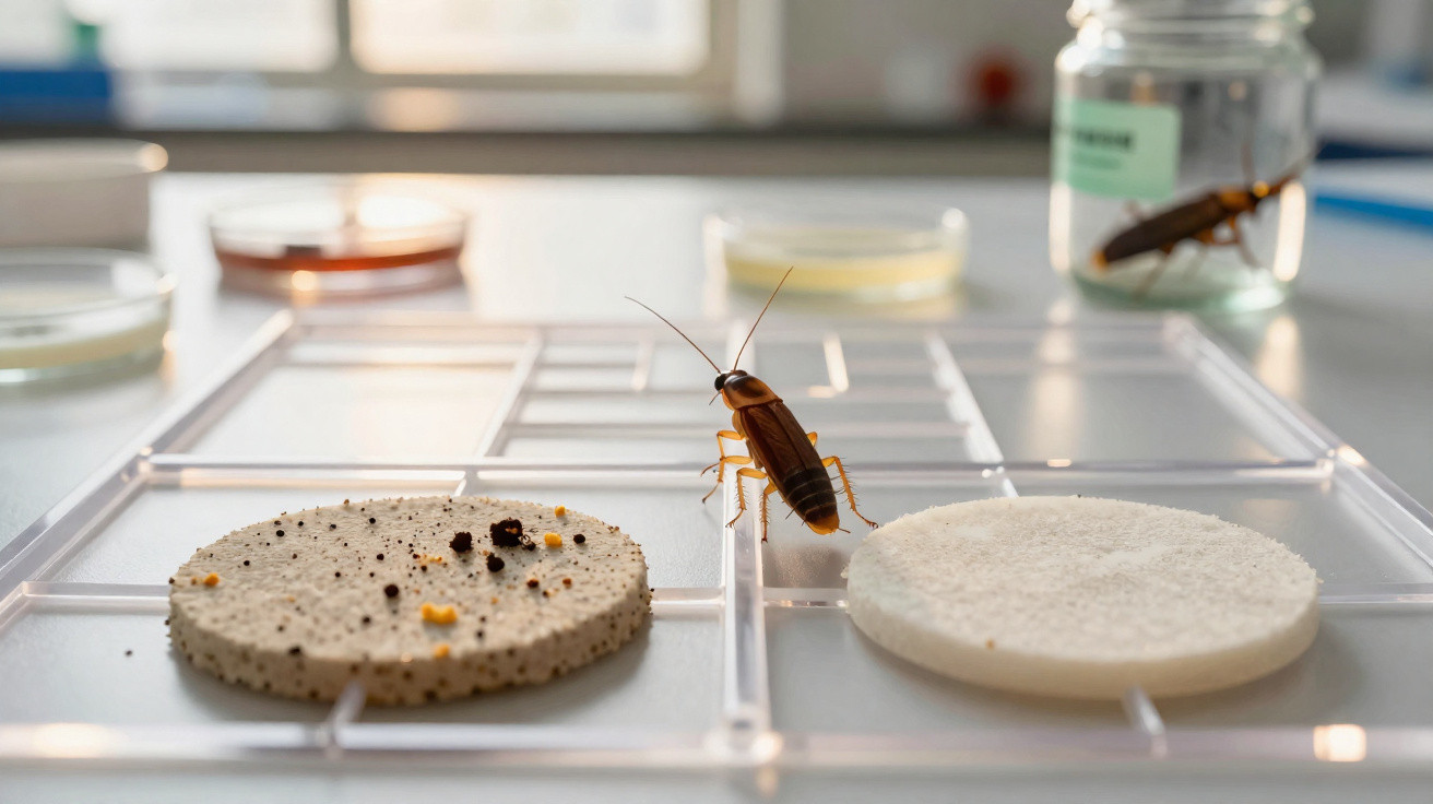 Cockroach on a clear laboratory tray with two circular textured samples and a jar in the background.