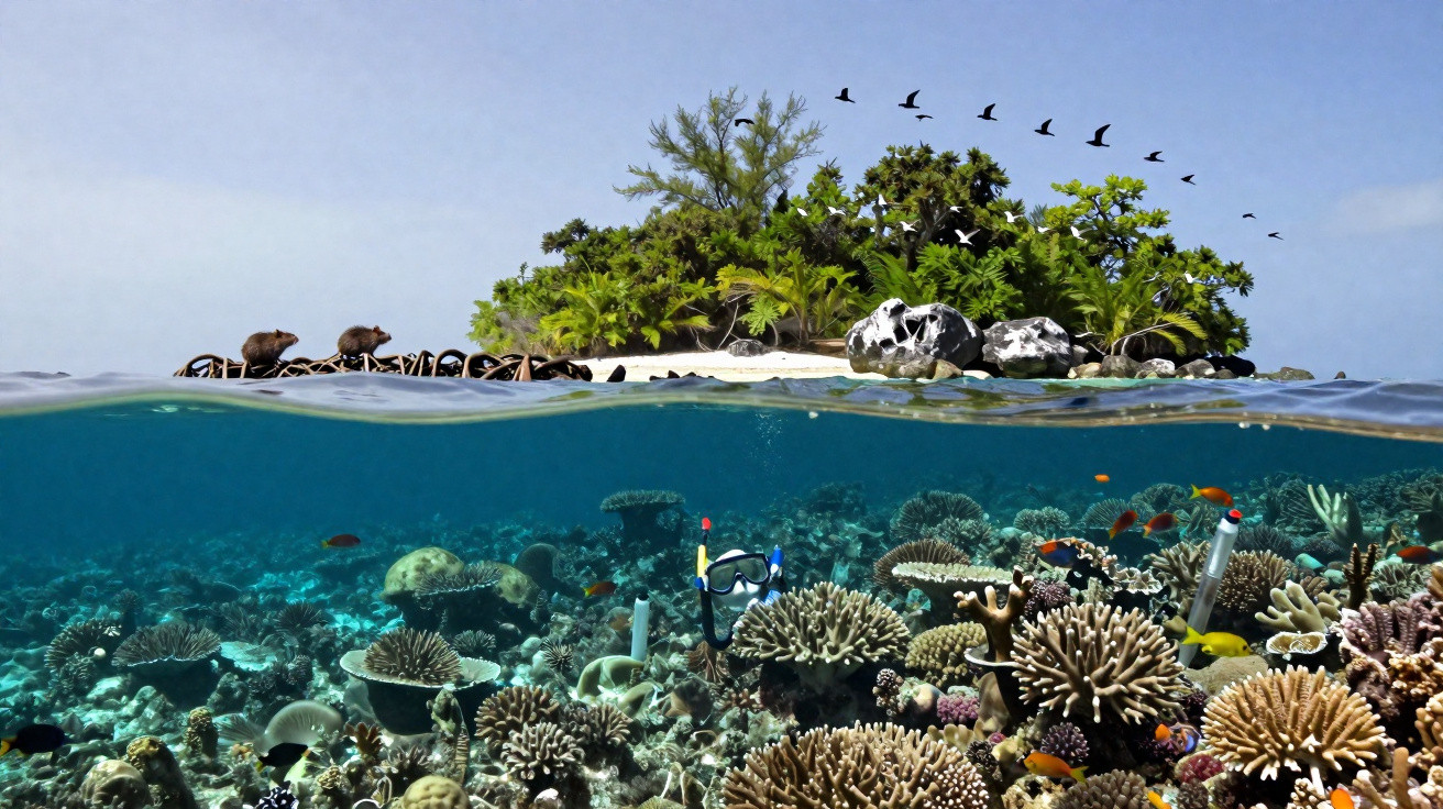 Coral reef teeming with fish and snorkeller, tropical island with birds flying overhead in clear sky.