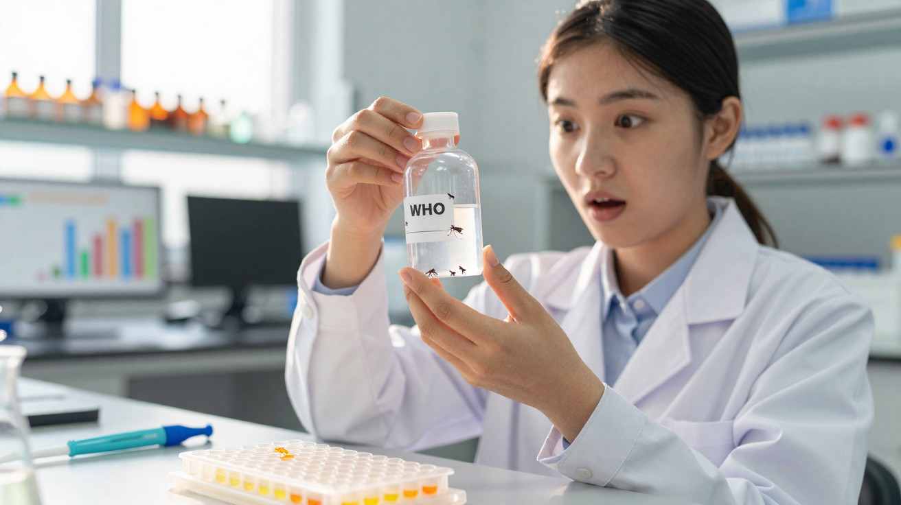 Scientist in lab coat examining a clear bottle labelled WHO containing mosquitoes in a laboratory.