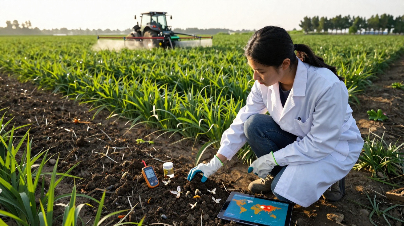Scientist in lab coat collects soil samples in field with tractor and tablet showing data nearby.