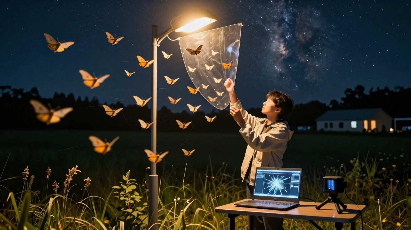 Boy catching butterflies under a streetlight at night with a laptop and scientific equipment on a table nearby.