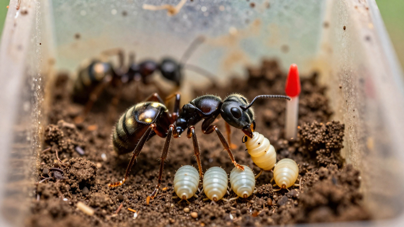 Close-up of a black ant tending to four white larvae on soil inside a transparent container.