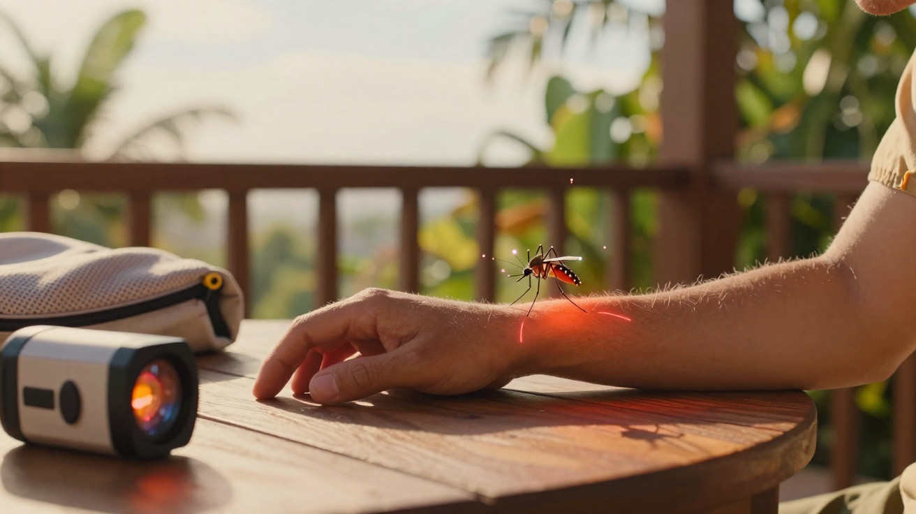 Mosquito biting a person's arm with a red laser targeting it on a wooden table outdoors.