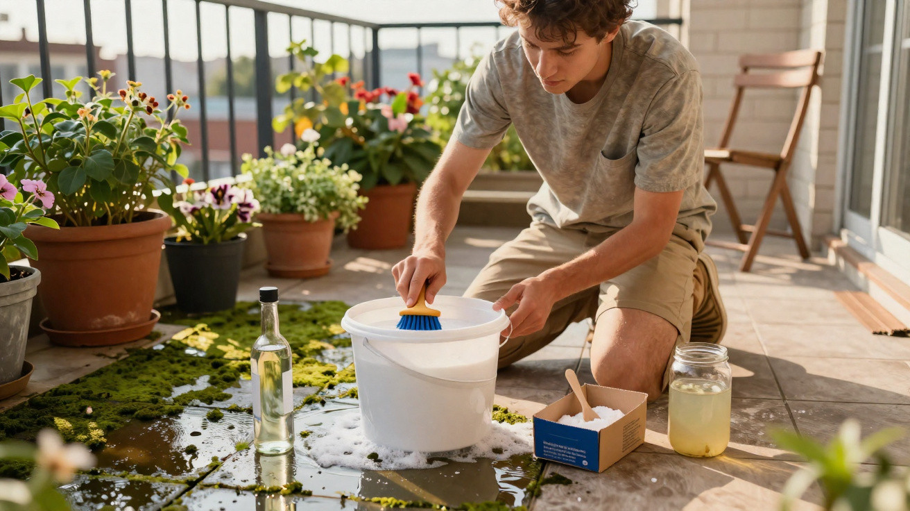 Young man cleaning a balcony floor with water, soap, and a brush surrounded by potted plants on a sunny day.