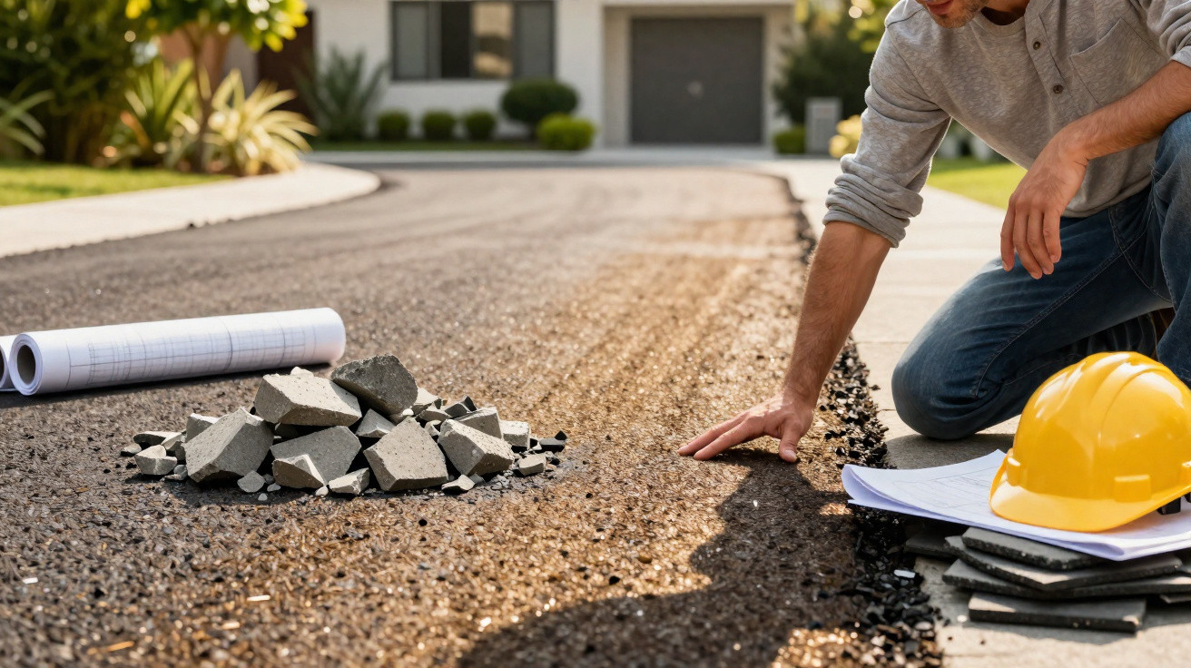 Man inspecting newly laid asphalt on a suburban road with construction plans and a yellow hard hat nearby.