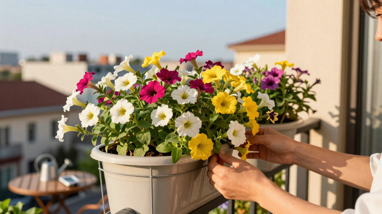 Person tending to colourful petunias in railing planter on a sunny balcony with blurred buildings in background