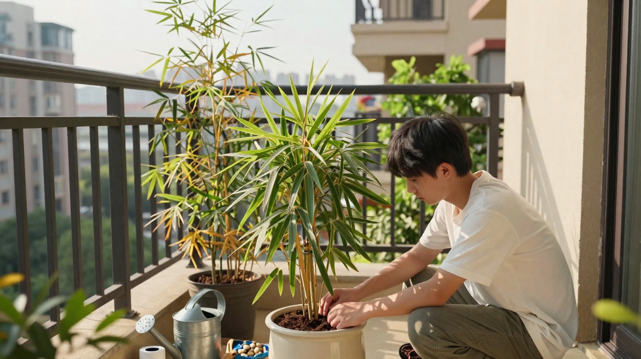 Young man tending to potted plants on a sunny apartment balcony with gardening tools nearby