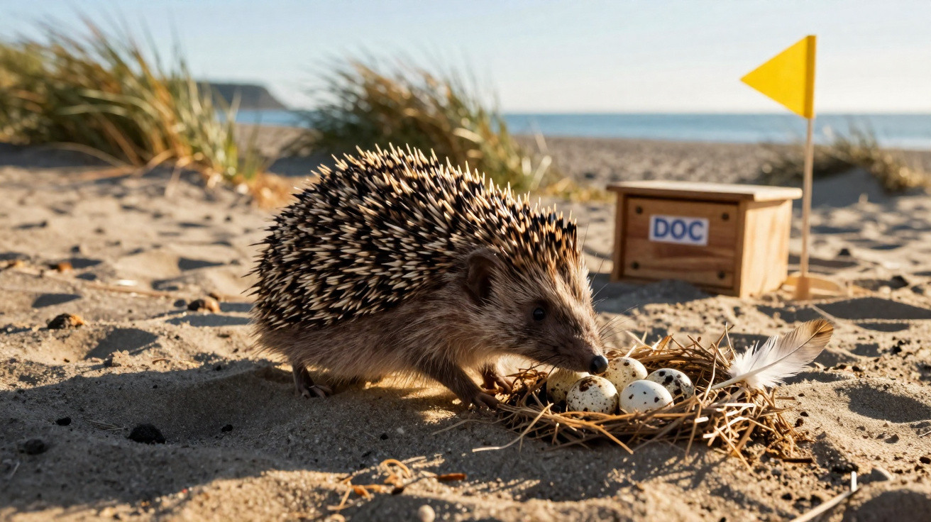 Hedgehog sniffing a nest with speckled eggs on sandy beach near a small wooden box labelled DOC and a yellow flag.