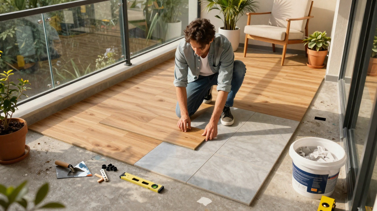 Man installing wood-effect tiles on balcony floor beside potted plants and tiling tools in daylight.