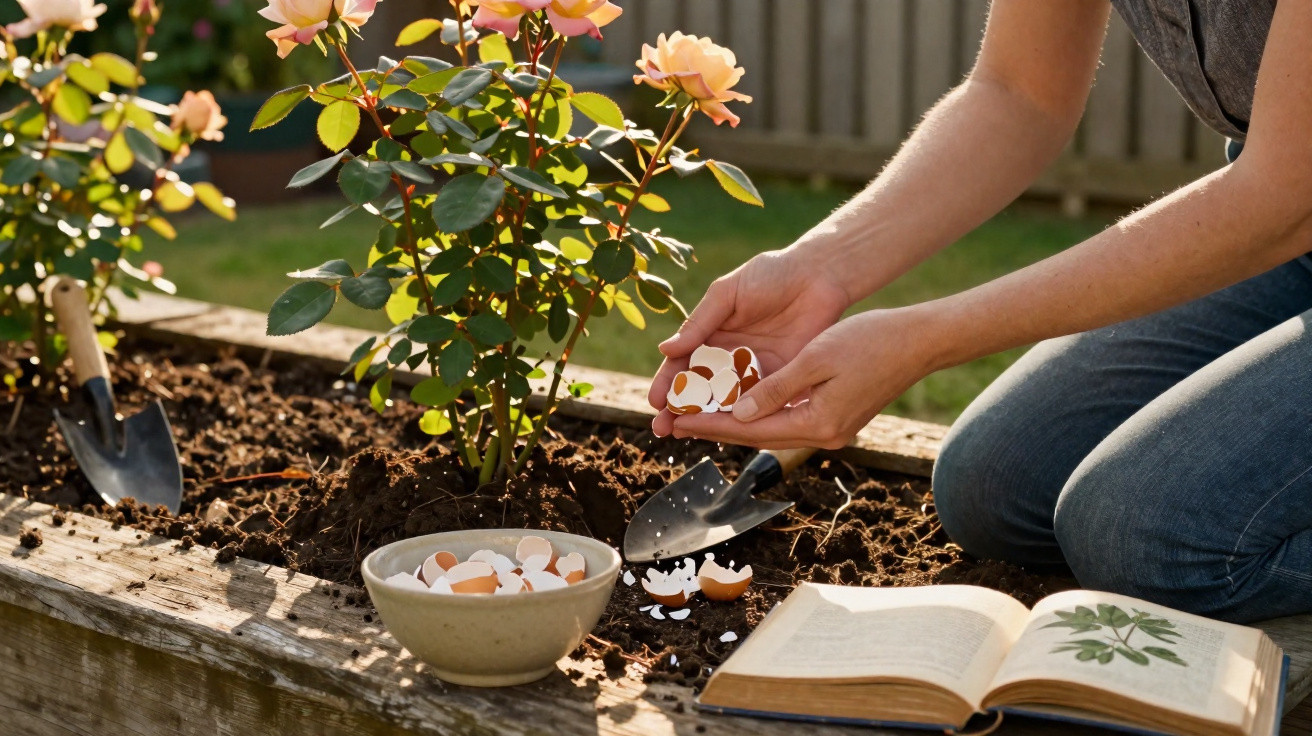 Person sprinkling crushed eggshells around rose plant in garden bed next to gardening book and trowel.
