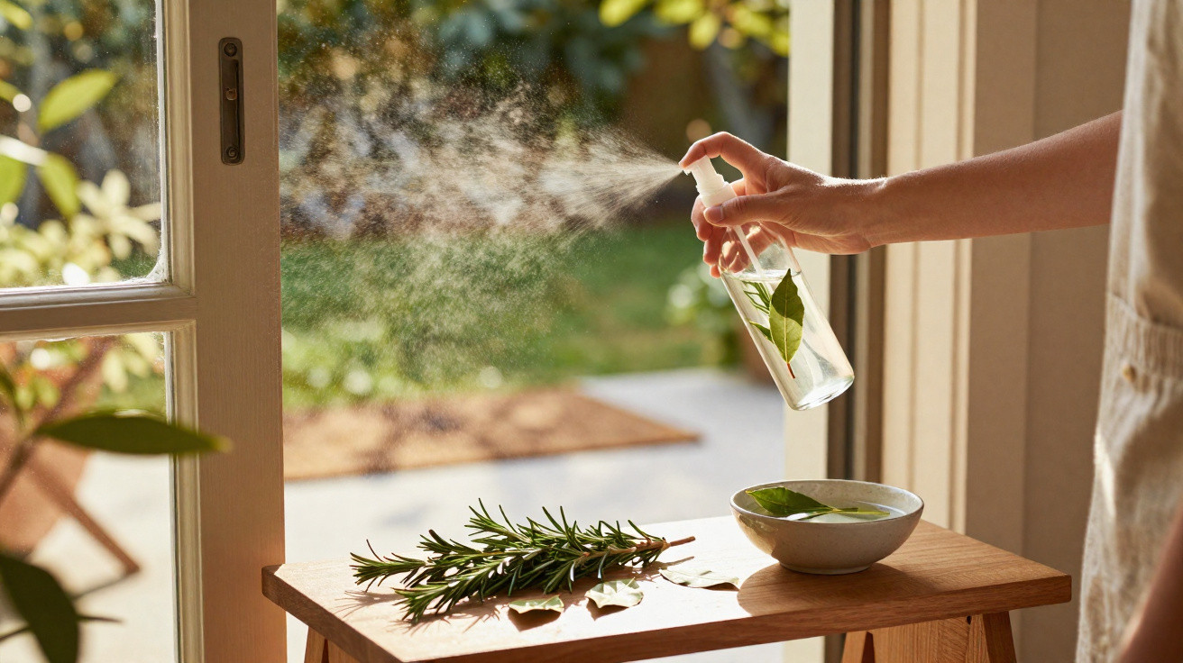 Hand spraying a mist from a glass bottle with leaves inside near a wooden table with herbs and a bowl.