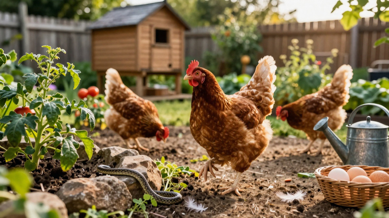 Brown chickens pecking in a garden with a wooden coop, tomato plants, a watering can, and a basket of eggs.