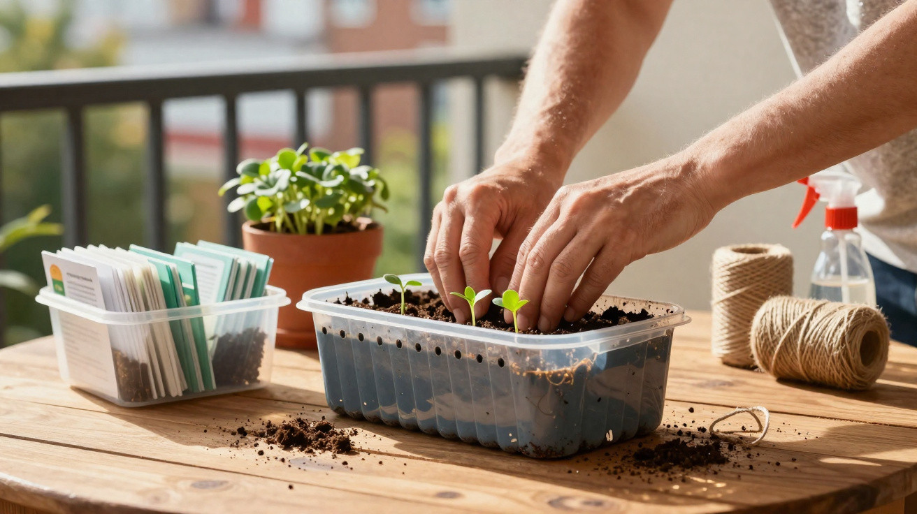 Hands planting seedlings in soil inside a plastic container on a wooden table with gardening supplies nearby.