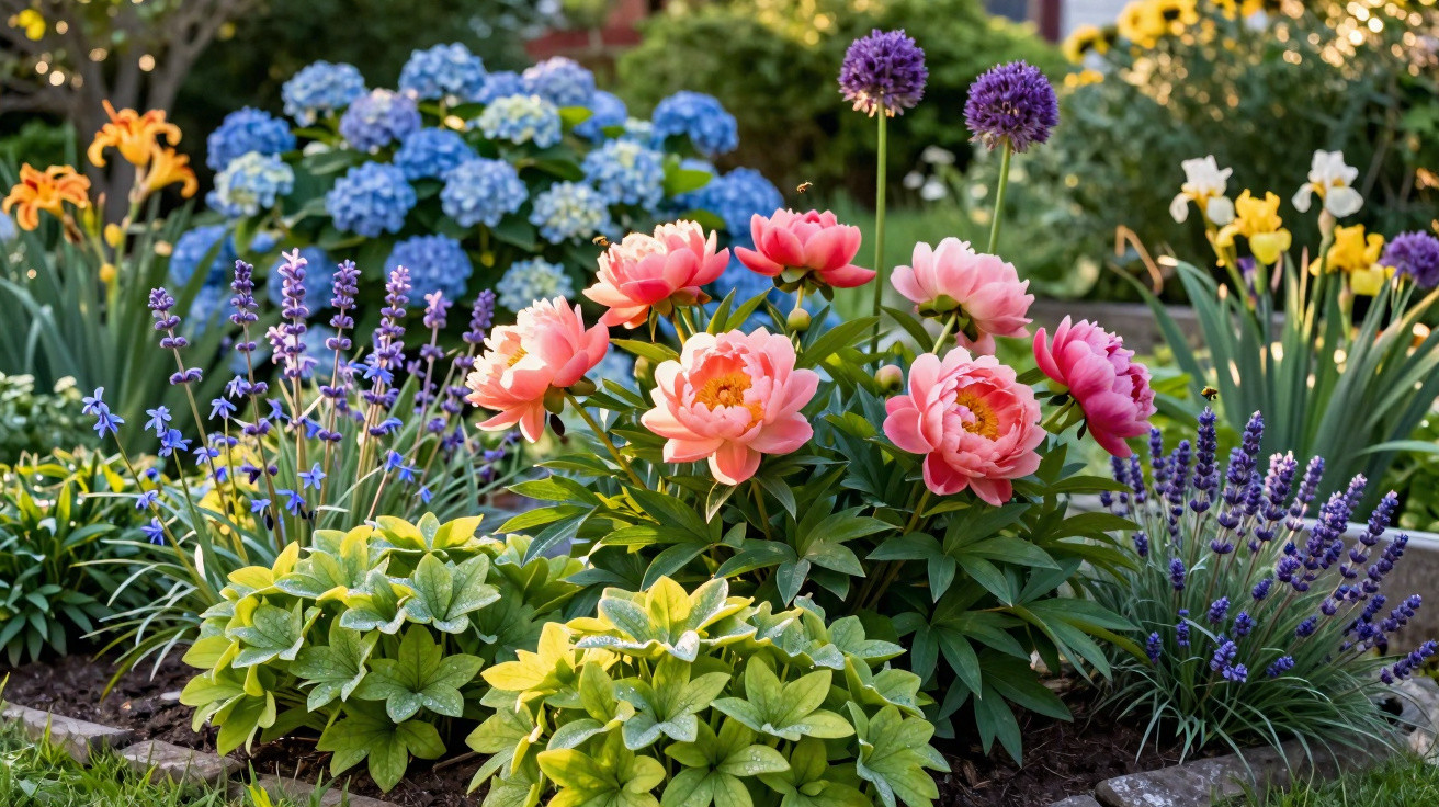 Colourful garden bed with pink peonies, purple alliums, blue hydrangeas, lavender, and yellow daffodils in bloom.