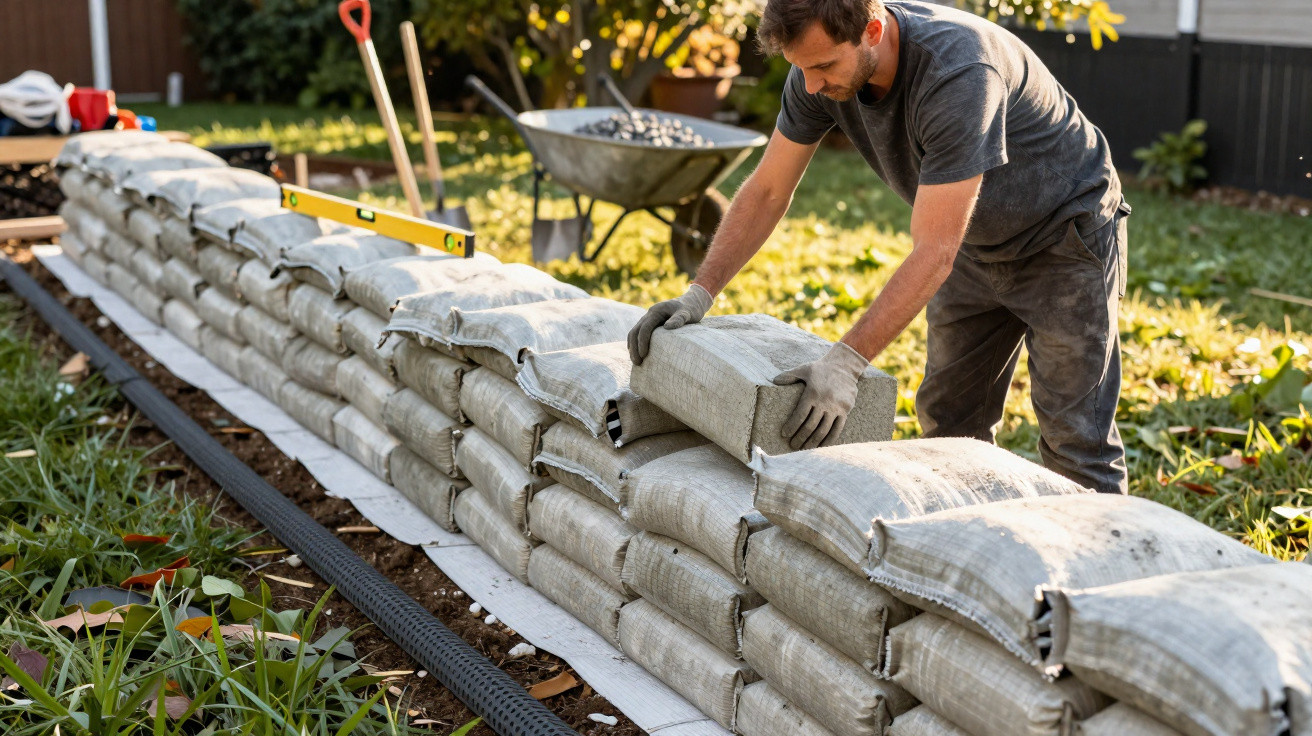Man stacking sandbags in garden to build a raised wall on a sunny day with wheelbarrow nearby