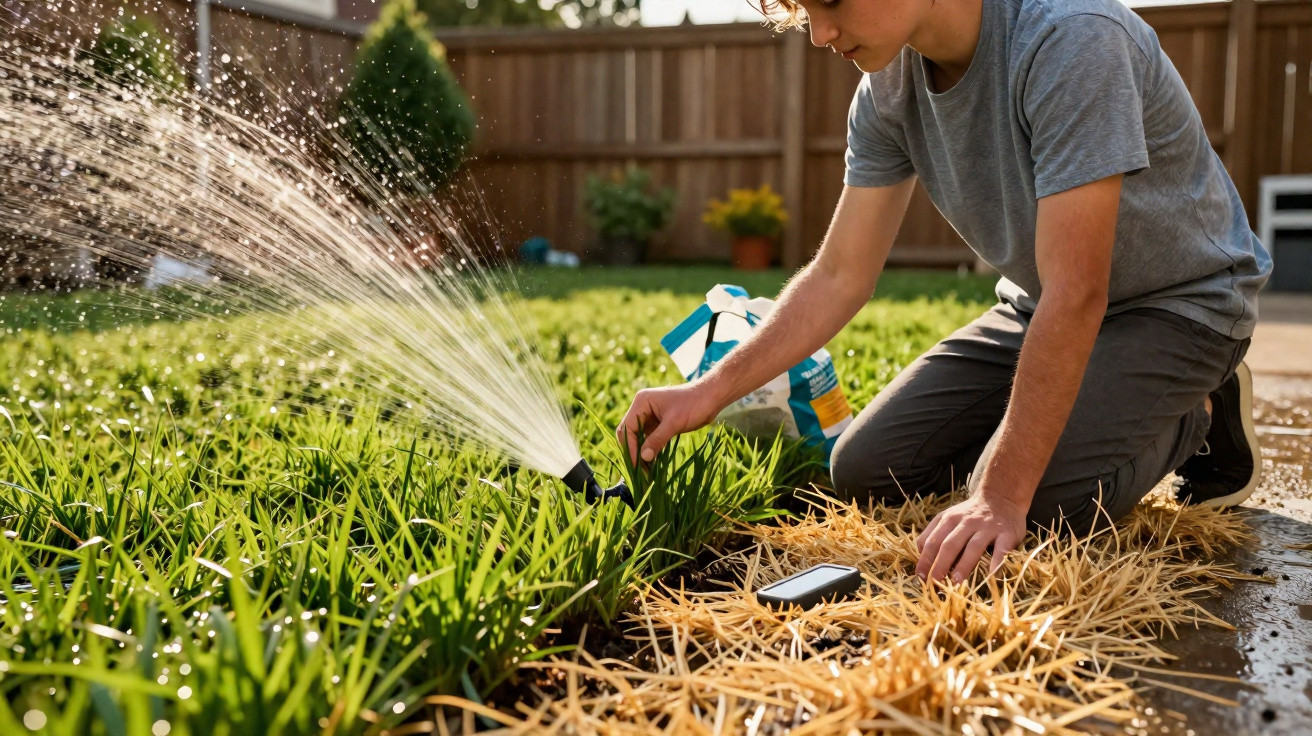 Person kneeling in garden adjusting a sprinkler watering green plants with straw mulch beside a patio.