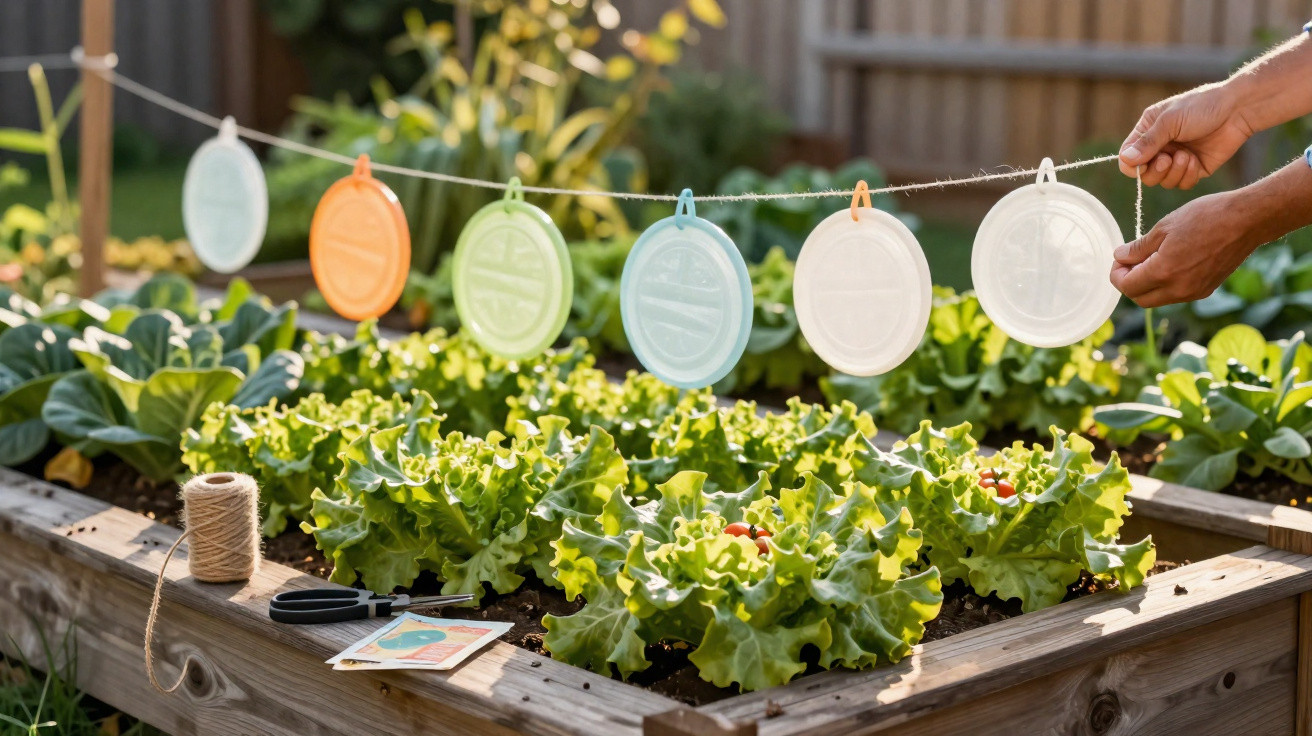 Hands hanging colourful plastic plates on a string above a raised garden bed with leafy green plants.