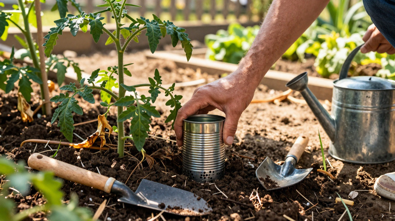 Hand placing a perforated tin can in soil beside tomato plants with garden tools and a watering can nearby.