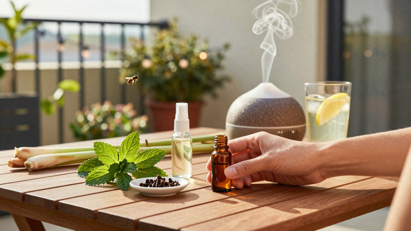 Hand holding essential oil bottle near diffuser, plate with cloves, fresh mint, spray bottle, and lemon water on wooden table
