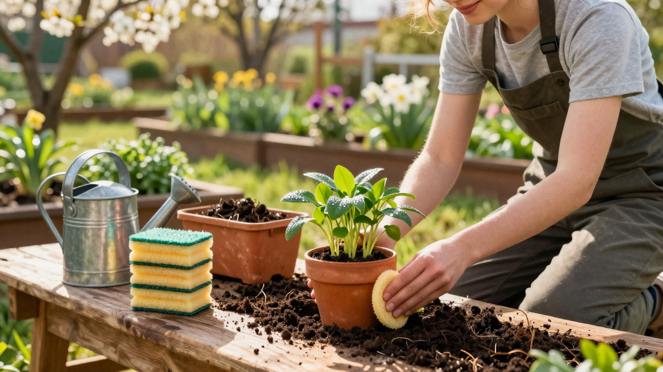 Person cleaning leaves of a potted plant on a wooden table in a sunny garden with gardening tools nearby