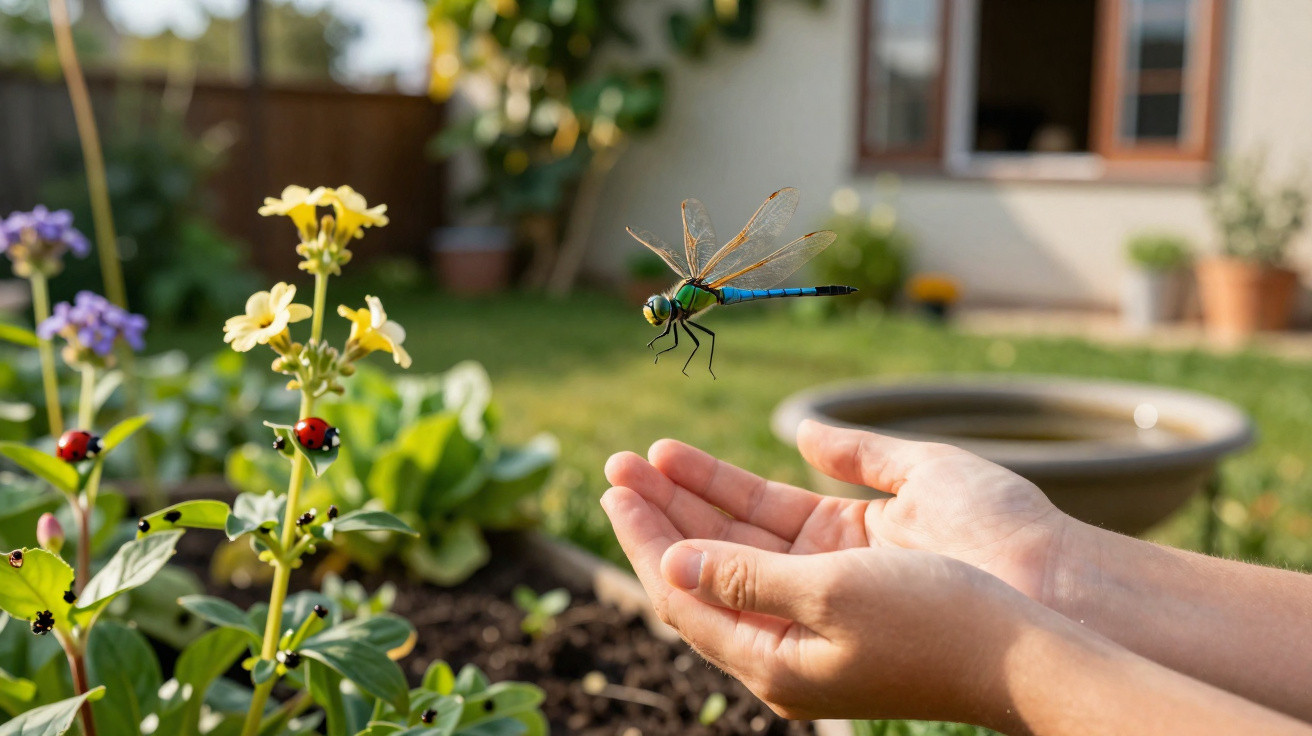 Hands releasing a blue dragonfly above a garden bed with yellow flowers and ladybugs in sunlight.